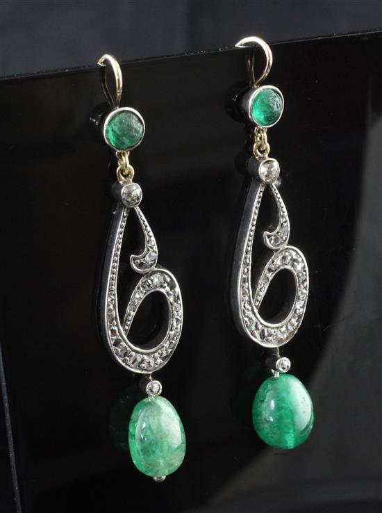 A pair of white gold, emerald and rose cut diamond set drop earrings, 2.5in.